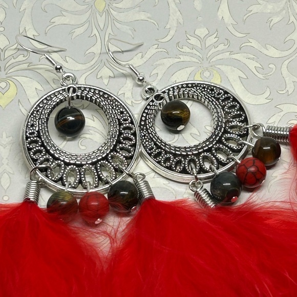Handmade Red Feather Boho Earrings with Tiger Eye & Turquoise Gemstones! - Picture 5 of 5